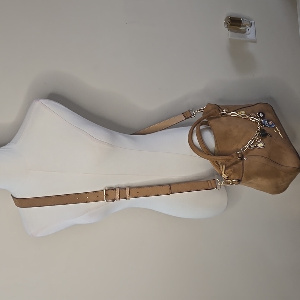 Nanette Lepore Tan Suede Purse Gold Accents Bag Charms Removable Strap Western - Picture 2 of 8